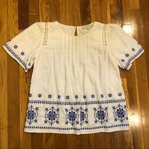 LOFT white & blue embroidered short sleeve blouse